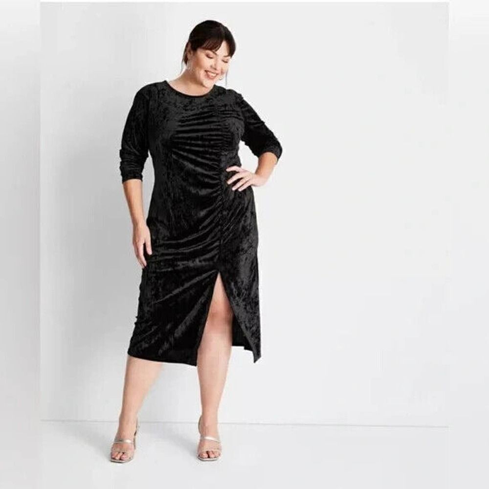 NEW! Future Collective Black Velvet Ruched Side A-Line Dress Size Large